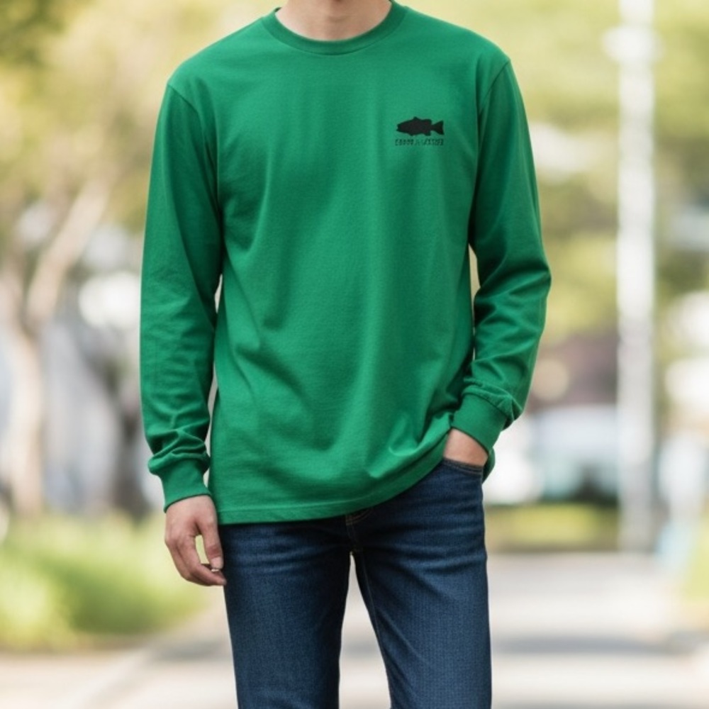 Ocean+Coast. NWT. YXL.Irish Green Long Sleeve Tee with Fishing graphics on back.
